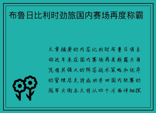 布鲁日比利时劲旅国内赛场再度称霸 布鲁日比利时劲旅国内赛场再度称霸